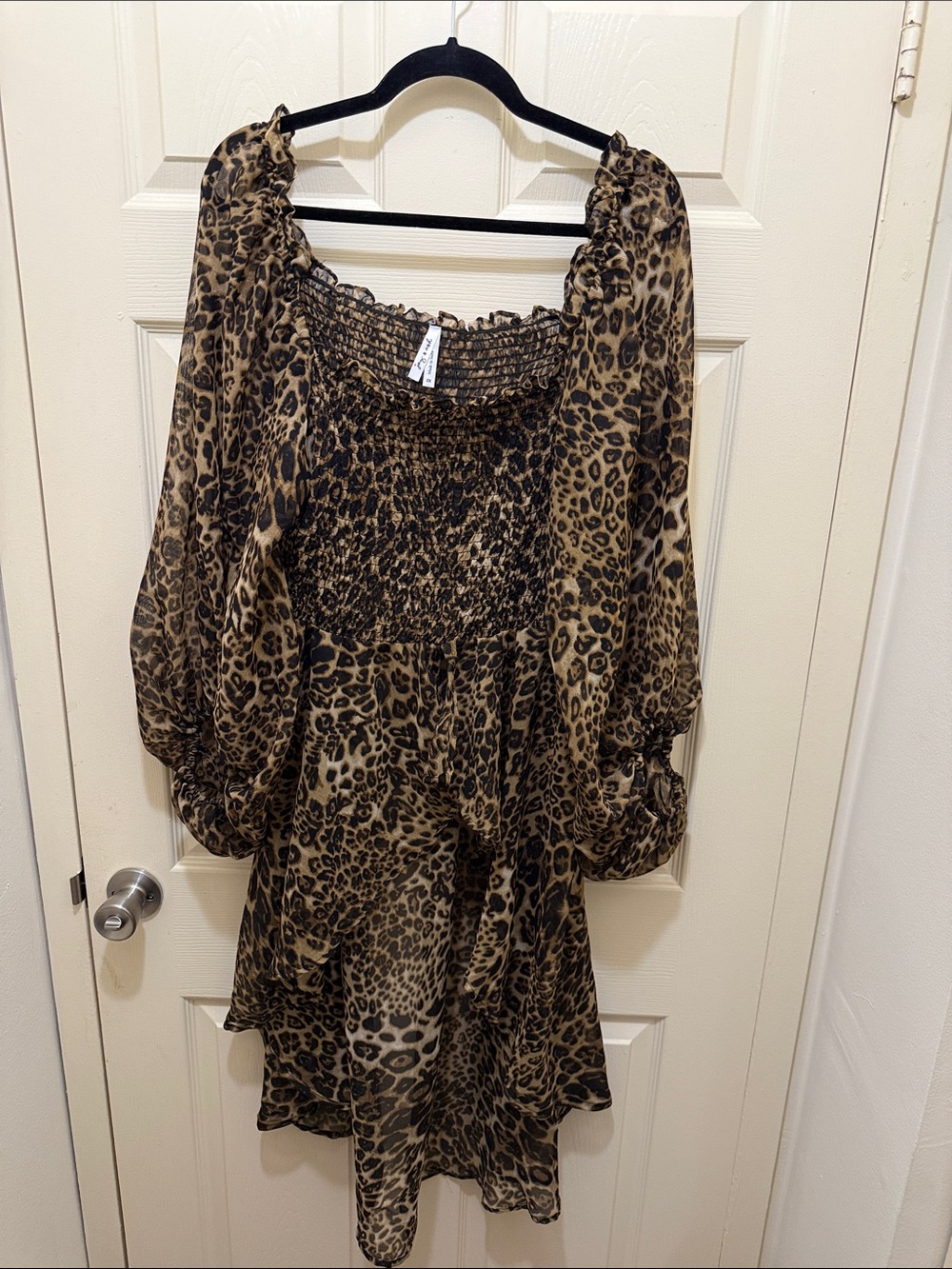 Leopard Print Smocked Peasant top - Brown/Black